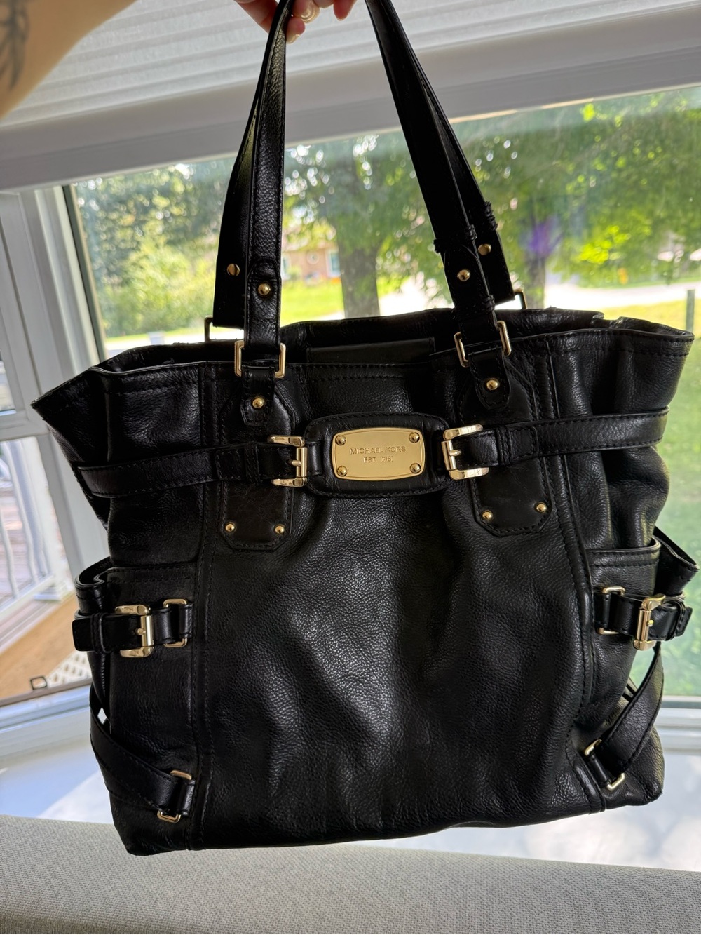 Michael Kors Black Leather Tote with Gold Plaque